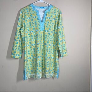 J. McLaughlin Sz L Green Yellow Blue Geometric Print Tunic Top Catalina Stretch